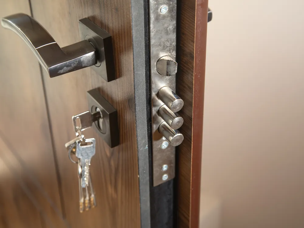 Serrure multipoints et ses pênes sur le chant d'une porte d'entrée