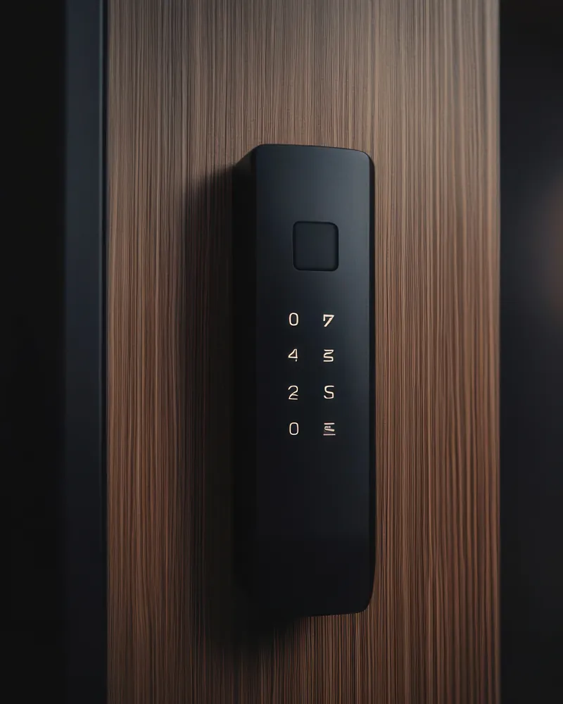 Serrure connectée à clavier posée sur une porte d'entrée en bois